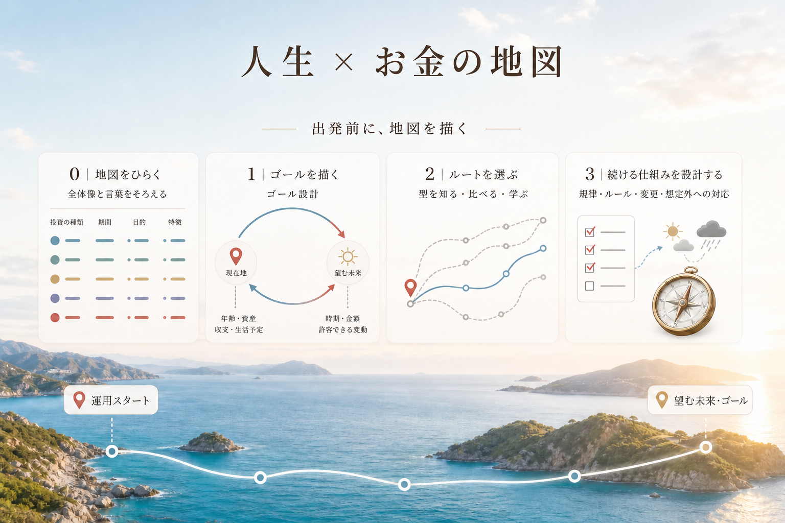 人生とお金の地図。地図をひらく、ゴールを描く、ルートを選ぶ、続ける仕組みを設計する、という四つの段階